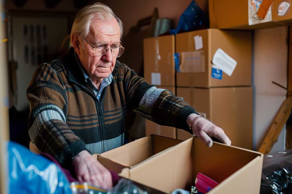 Elderly man packing boxes of personal belongings